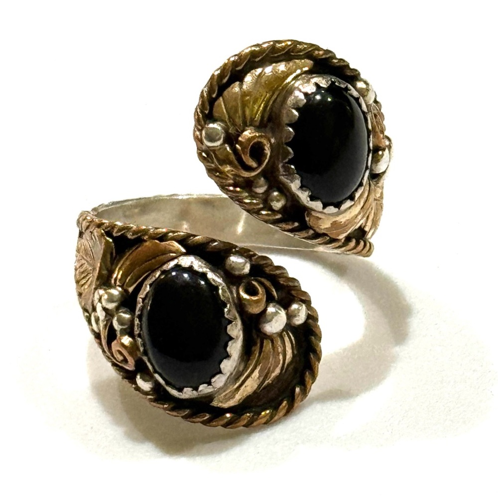 Navajo, Vintage Onyx Sterling Silver 12K G.F. Bypass Ring